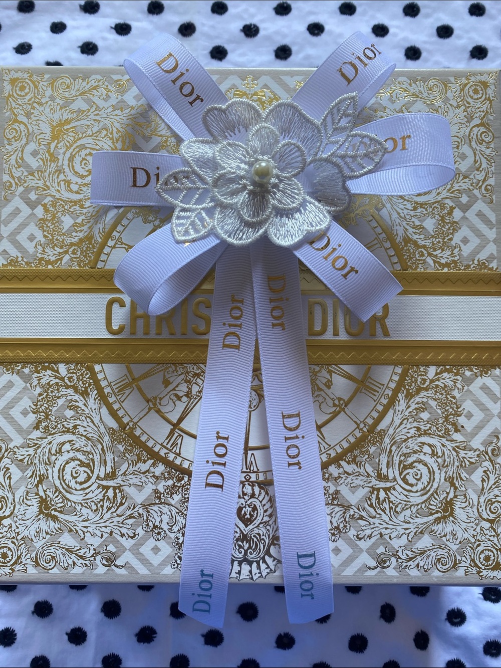 Handmade Dior Gold and White Hair Clip Ribbon Bow with Floral Accent